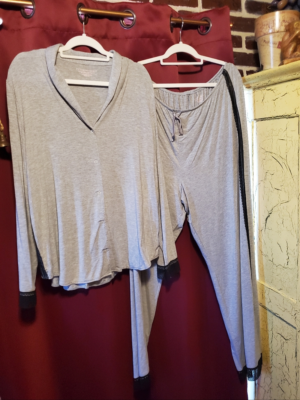 Victoria's Secret Gray & Black Two-Piece Pajama Set with Black Lace Accent Trim - Picture 3 of 11